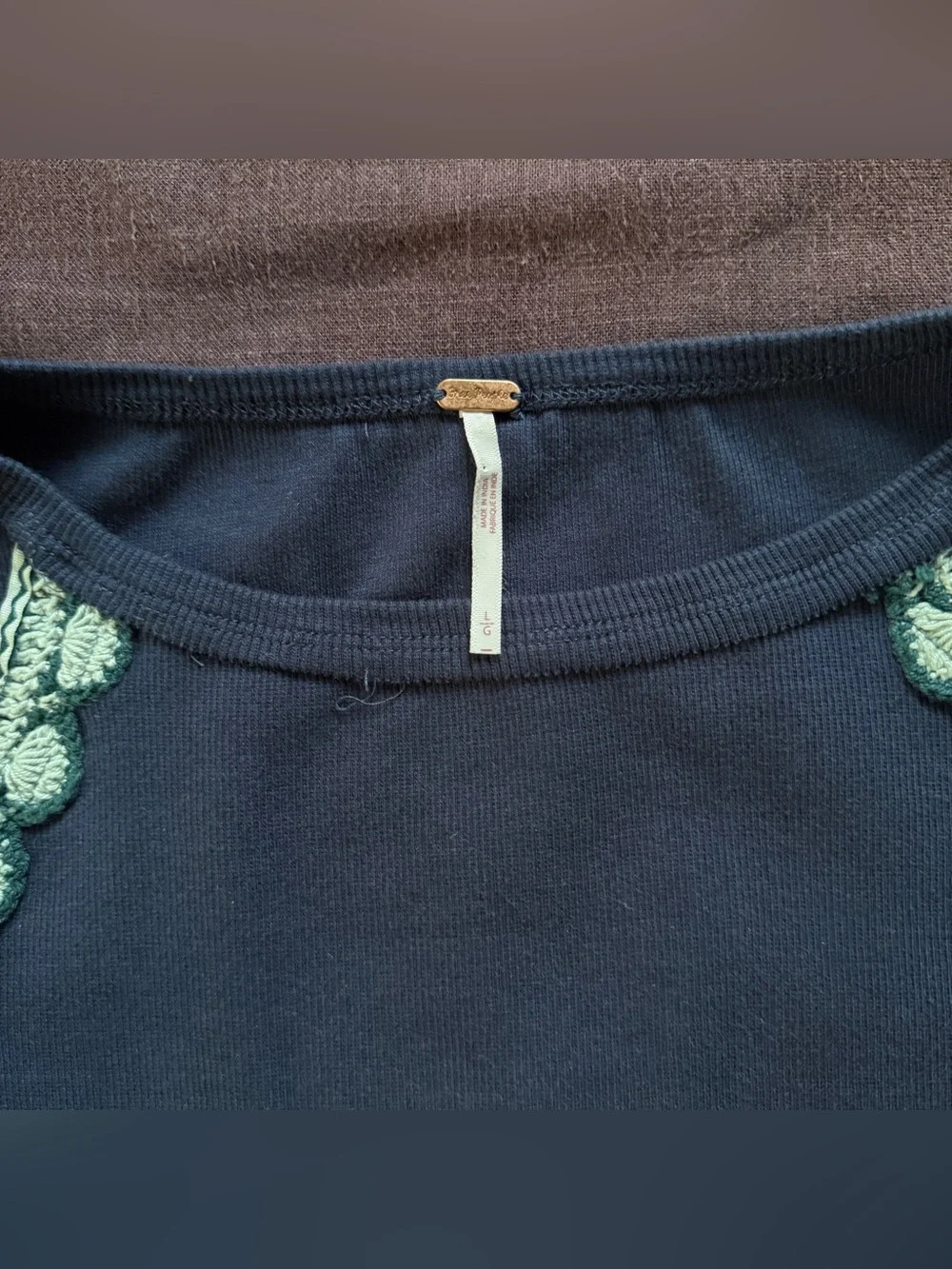 Free People Lost Love Long Sleeve Top Navy Crochet Trim Size L